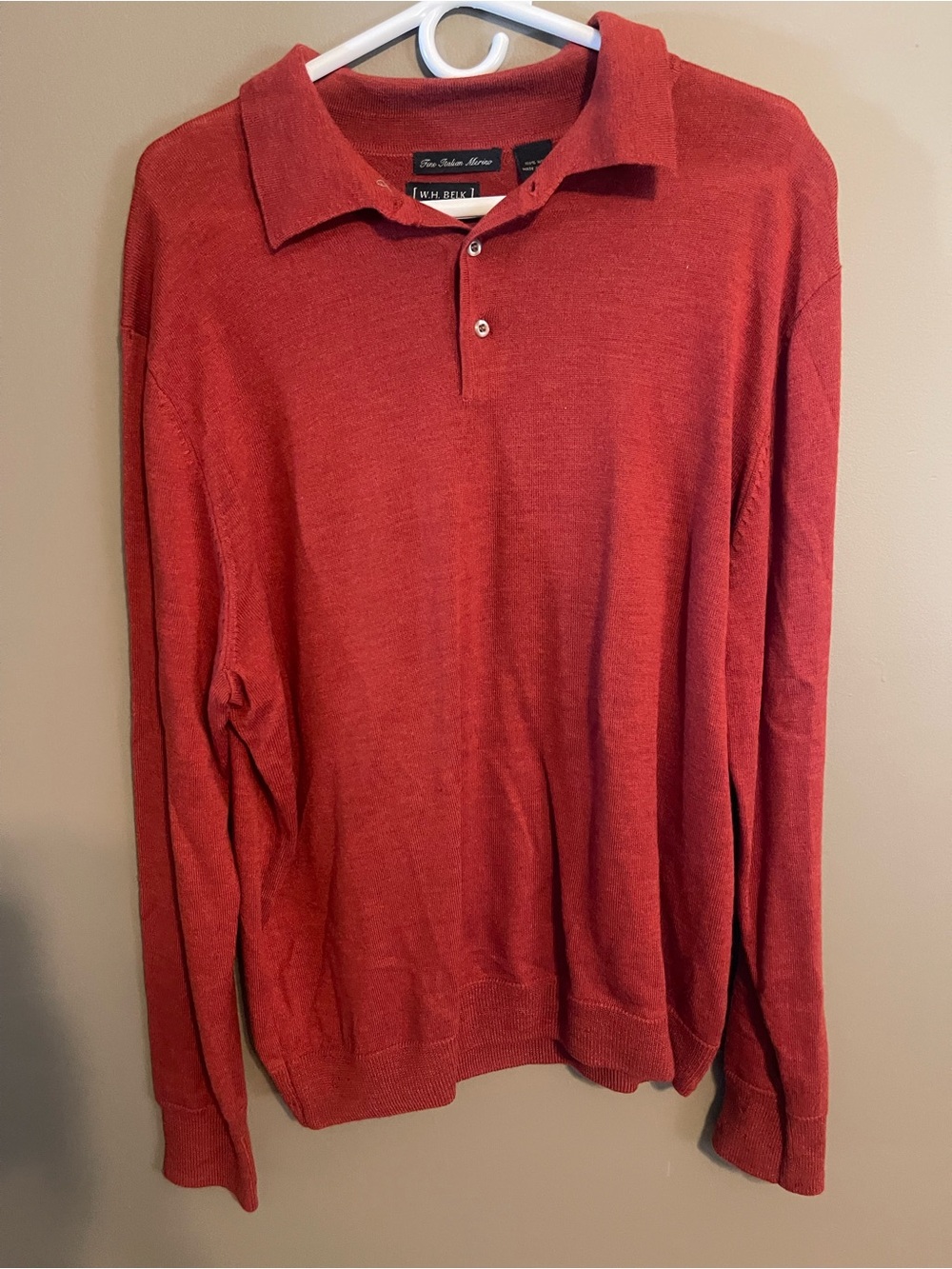 W.H. Belk 100% Italian Wool - Long-Sleeve Polo Sweater - Size XL